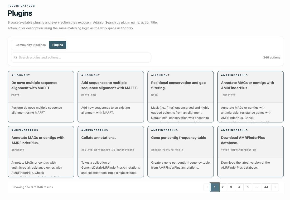 Adagio community pipelines and plugins browser showing actions organized by category